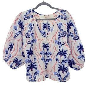 Beyond by Vera Seahorse Motif Puff Sleeve Cotton Blouse Size Large